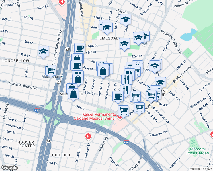 map of restaurants, bars, coffee shops, grocery stores, and more near 3909 Shafter Avenue in Oakland