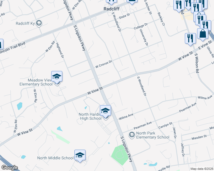 map of restaurants, bars, coffee shops, grocery stores, and more near 911 West Vine Street in Radcliff