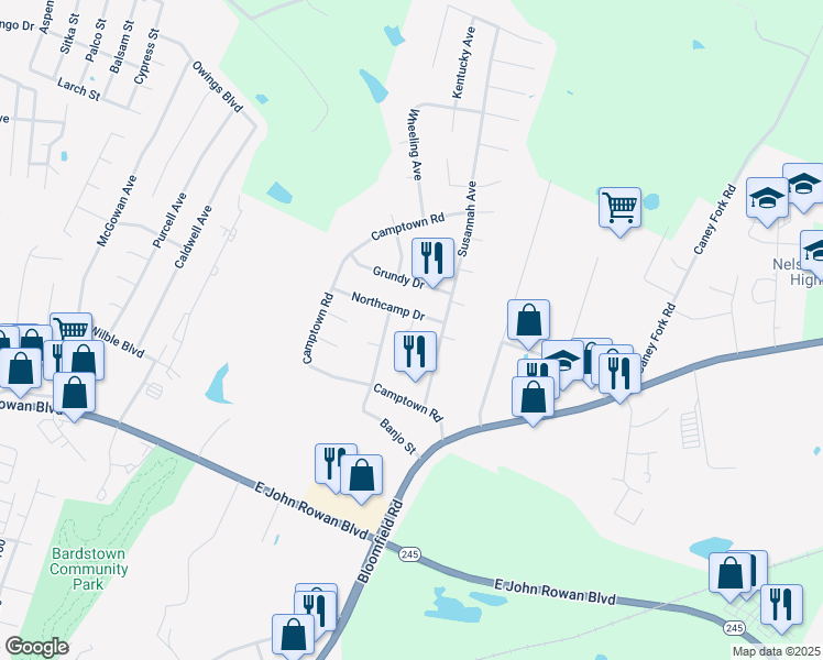 map of restaurants, bars, coffee shops, grocery stores, and more near 198 Aiden Court in Bardstown