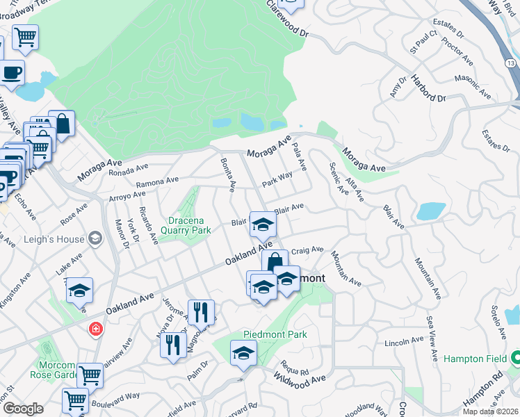 map of restaurants, bars, coffee shops, grocery stores, and more near 120 Highland Avenue in Piedmont