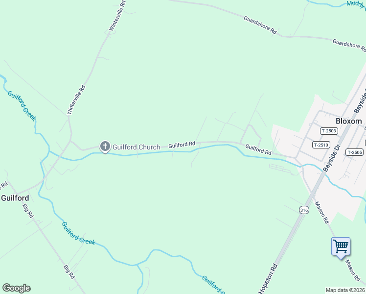 map of restaurants, bars, coffee shops, grocery stores, and more near 24369-25175 Guilford Rd in Bloxom