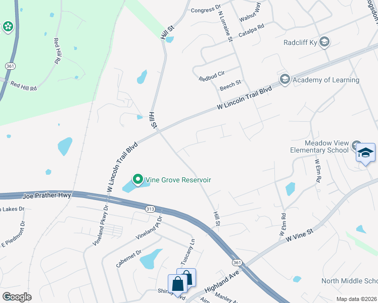 map of restaurants, bars, coffee shops, grocery stores, and more near 3390 Hill Street in Vine Grove