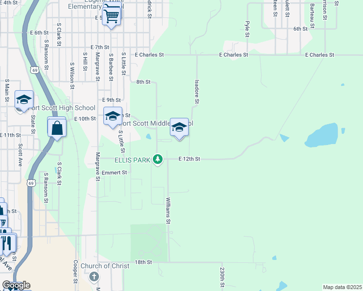 map of restaurants, bars, coffee shops, grocery stores, and more near 1105 East 12th Street in Fort Scott
