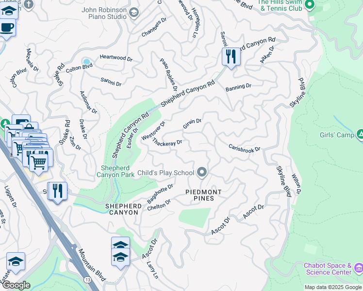 map of restaurants, bars, coffee shops, grocery stores, and more near 2383 Thackeray Drive in Oakland