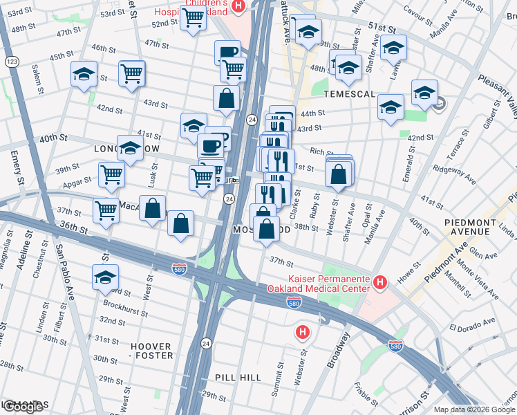 map of restaurants, bars, coffee shops, grocery stores, and more near 3838 Turquoise Way in Oakland