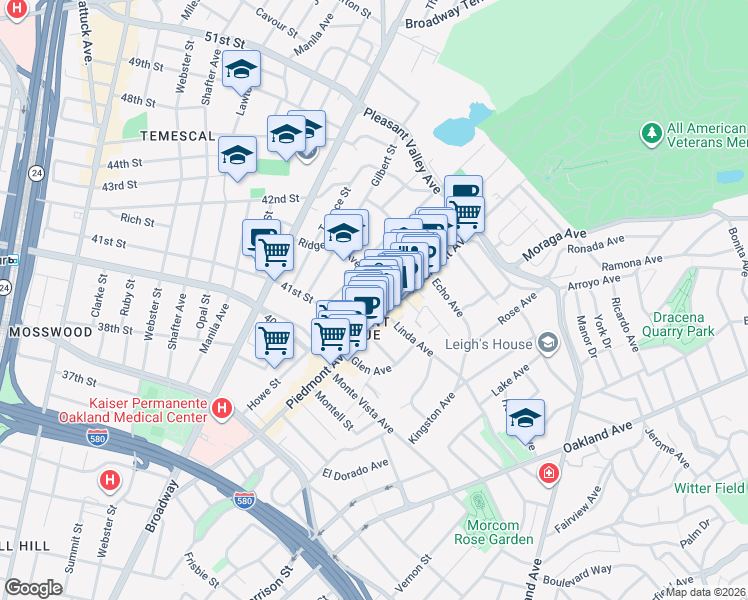 map of restaurants, bars, coffee shops, grocery stores, and more near 180 Ridgeway Avenue in Oakland