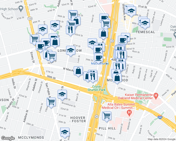 map of restaurants, bars, coffee shops, grocery stores, and more near 741 Apgar Street in Oakland
