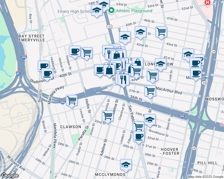 map of restaurants, bars, coffee shops, grocery stores, and more near in Emeryville