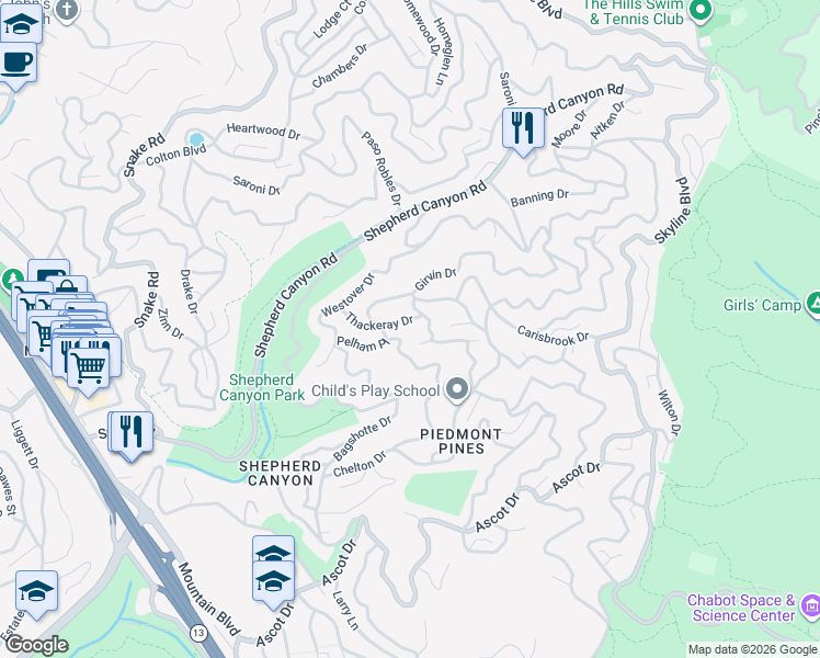 map of restaurants, bars, coffee shops, grocery stores, and more near 2383 Thackeray Drive in Oakland