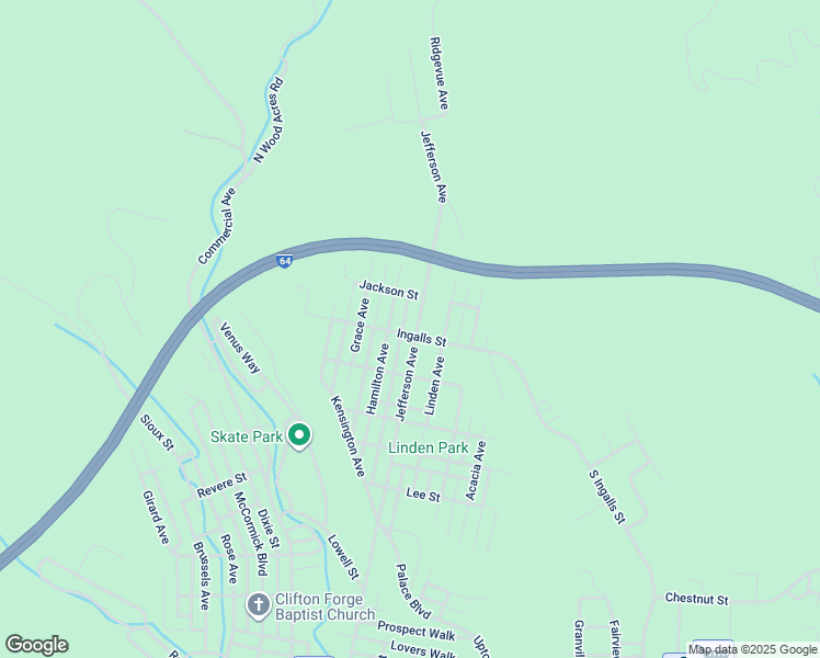 map of restaurants, bars, coffee shops, grocery stores, and more near 1301 Jefferson Avenue in Clifton Forge