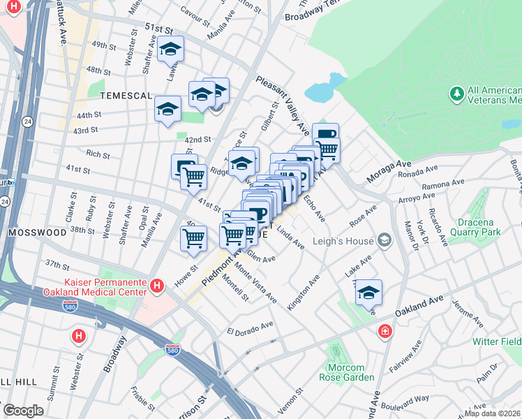 map of restaurants, bars, coffee shops, grocery stores, and more near 180 Ridgeway Avenue in Oakland
