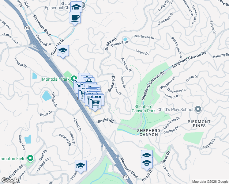 map of restaurants, bars, coffee shops, grocery stores, and more near 5946 Zinn Drive in Oakland
