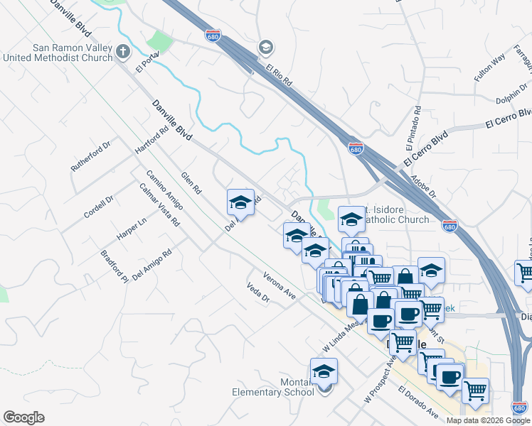map of restaurants, bars, coffee shops, grocery stores, and more near 165 Rubicon Circle in Danville