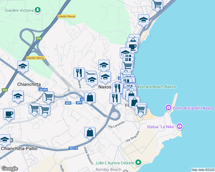 map of restaurants, bars, coffee shops, grocery stores, and more near 26 Via Fontana Serro in Giardini-naxos