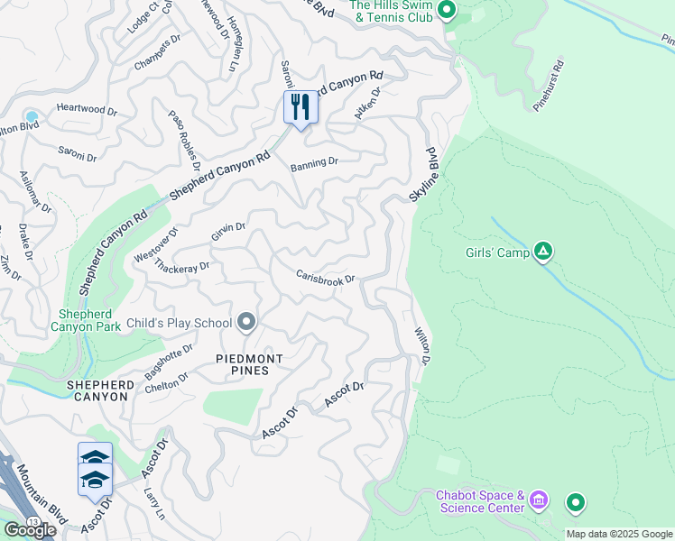 map of restaurants, bars, coffee shops, grocery stores, and more near 16 Carisbrook Lane in Oakland