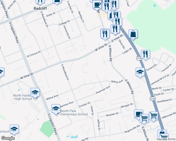 map of restaurants, bars, coffee shops, grocery stores, and more near 709 Brian Court in Radcliff