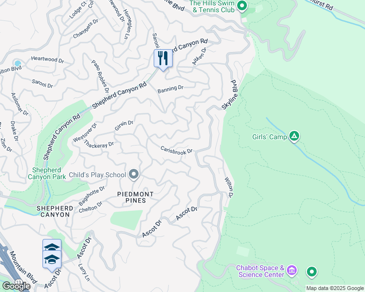 map of restaurants, bars, coffee shops, grocery stores, and more near 6571 Exeter Drive in Oakland