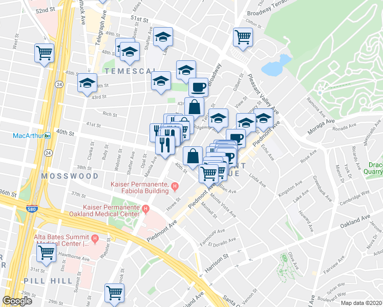 map of restaurants, bars, coffee shops, grocery stores, and more near 4113 Gilbert Street in Oakland