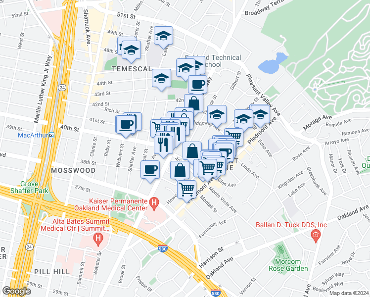 map of restaurants, bars, coffee shops, grocery stores, and more near 302 41st Street in Oakland