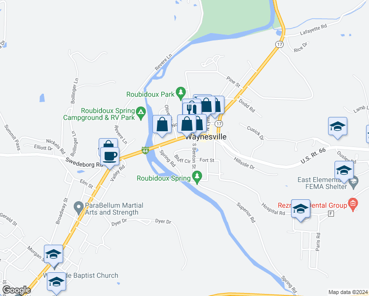 map of restaurants, bars, coffee shops, grocery stores, and more near 228 Historic 66 E in Waynesville