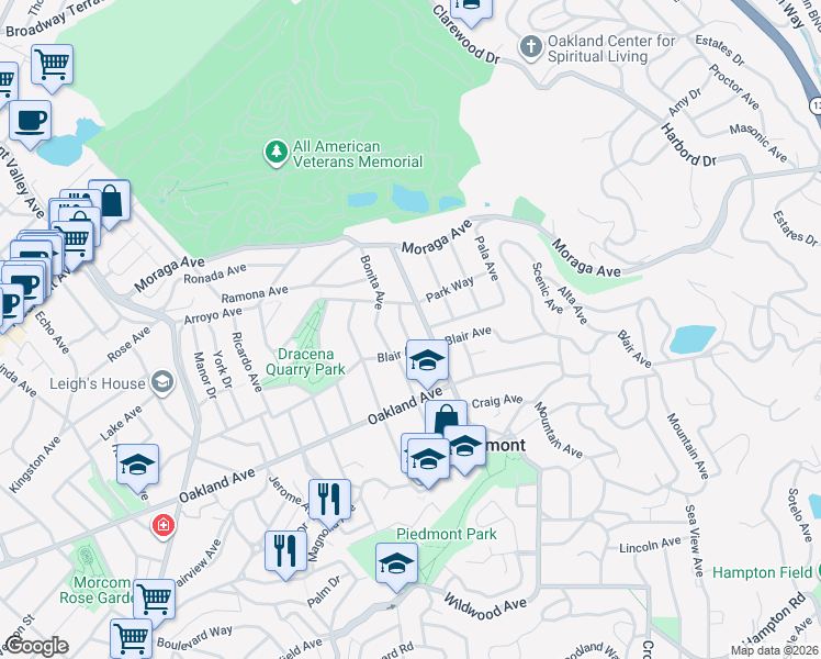 map of restaurants, bars, coffee shops, grocery stores, and more near 136 Waldo Avenue in Piedmont