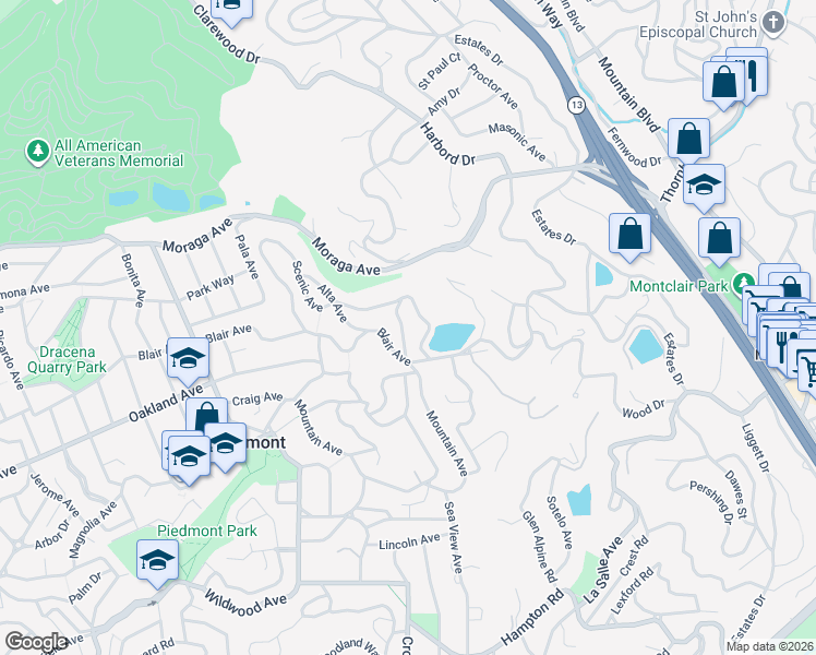 map of restaurants, bars, coffee shops, grocery stores, and more near 524 Scenic Avenue in Piedmont