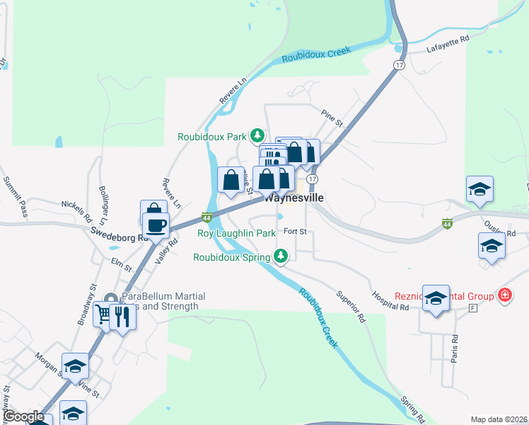 map of restaurants, bars, coffee shops, grocery stores, and more near 106 Bluff Circle in Waynesville