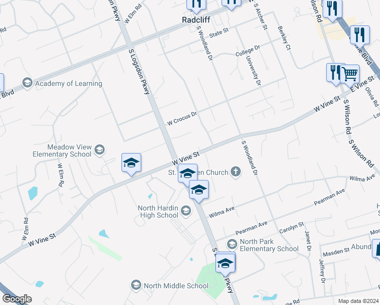 map of restaurants, bars, coffee shops, grocery stores, and more near 911 West Vine Street in Radcliff