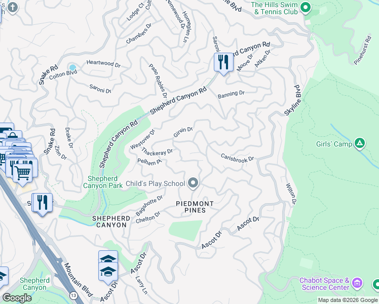 map of restaurants, bars, coffee shops, grocery stores, and more near 2501 Stockbridge Drive in Oakland