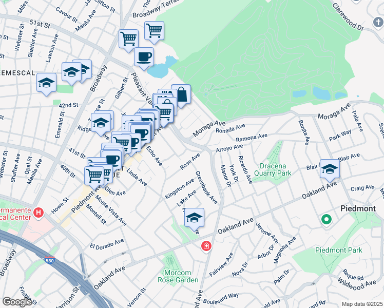 map of restaurants, bars, coffee shops, grocery stores, and more near 1749 Grand Avenue in Piedmont