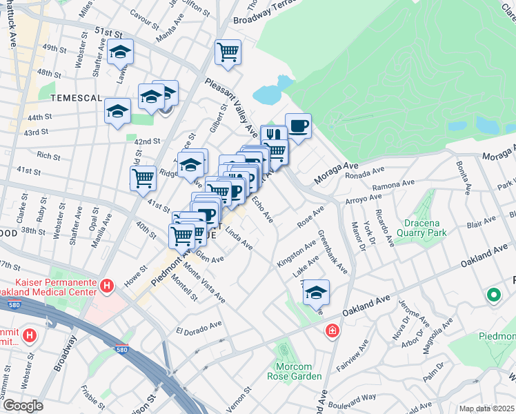 map of restaurants, bars, coffee shops, grocery stores, and more near 86 Echo Avenue in Oakland