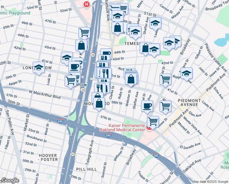 map of restaurants, bars, coffee shops, grocery stores, and more near 3915 Clarke Street in Oakland