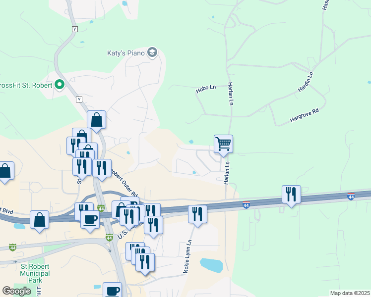 map of restaurants, bars, coffee shops, grocery stores, and more near 16298 Holy Cross Lane in Saint Robert