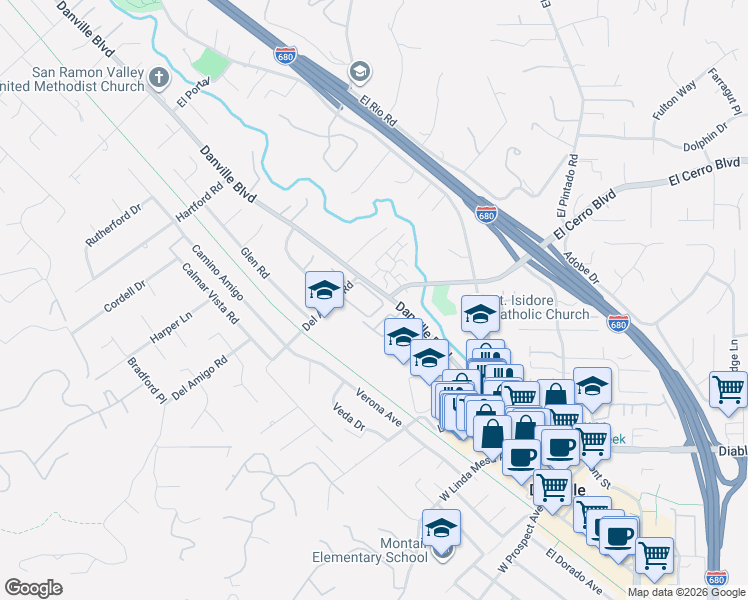 map of restaurants, bars, coffee shops, grocery stores, and more near 129 Rubicon Circle in Danville