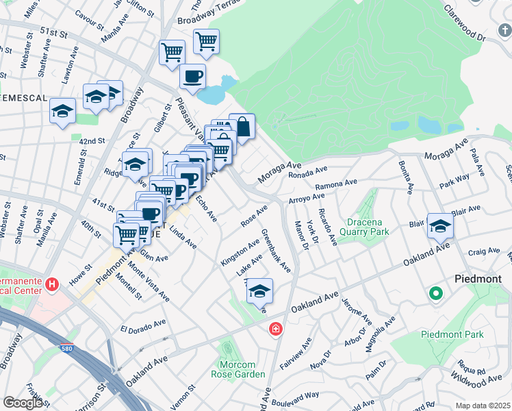 map of restaurants, bars, coffee shops, grocery stores, and more near 1749 Grand Avenue in Piedmont