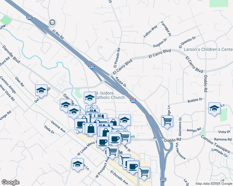 map of restaurants, bars, coffee shops, grocery stores, and more near 400 West El Pintado in Danville