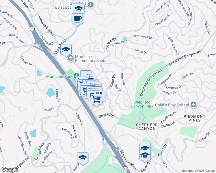 map of restaurants, bars, coffee shops, grocery stores, and more near 5881 Snake Road in Oakland
