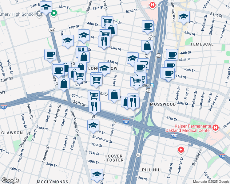 map of restaurants, bars, coffee shops, grocery stores, and more near 820 West MacArthur Boulevard in Oakland