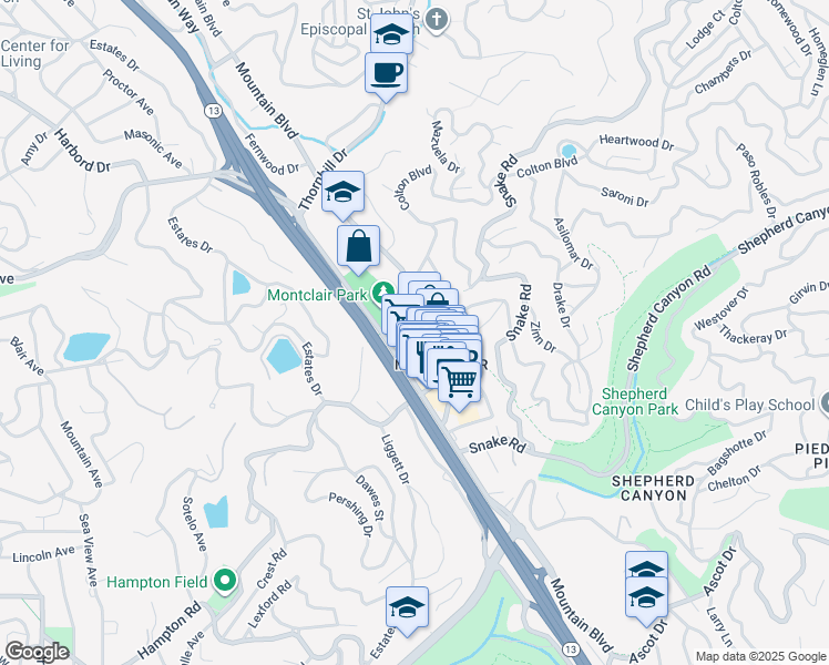 map of restaurants, bars, coffee shops, grocery stores, and more near 1955 Mountain Boulevard in Oakland