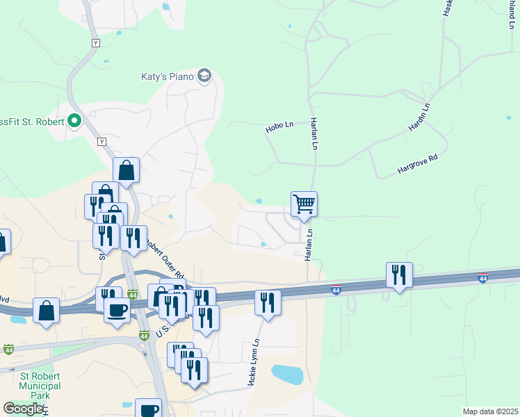 map of restaurants, bars, coffee shops, grocery stores, and more near 16298 Holy Cross Lane in Saint Robert