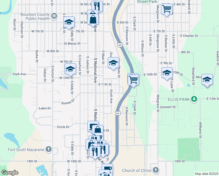 map of restaurants, bars, coffee shops, grocery stores, and more near 108 East 11th Street in Fort Scott