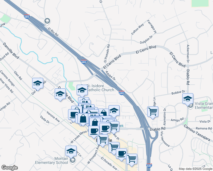map of restaurants, bars, coffee shops, grocery stores, and more near 400 West El Pintado in Danville