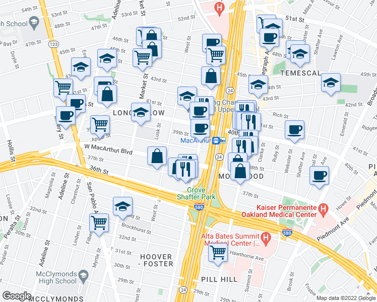map of restaurants, bars, coffee shops, grocery stores, and more near 671 Apgar Street in Oakland