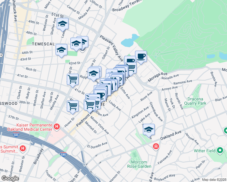 map of restaurants, bars, coffee shops, grocery stores, and more near 4243 Piedmont Avenue in Oakland