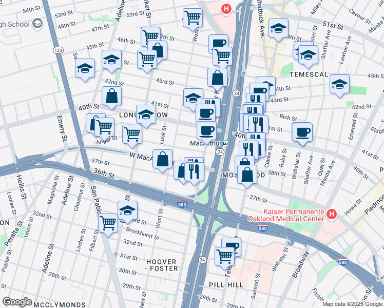 map of restaurants, bars, coffee shops, grocery stores, and more near 668 Apgar Street in Oakland