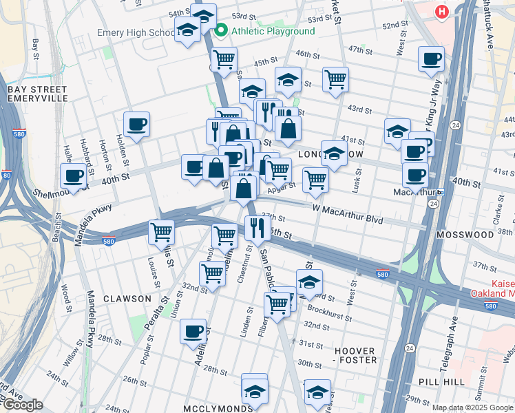 map of restaurants, bars, coffee shops, grocery stores, and more near in Emeryville