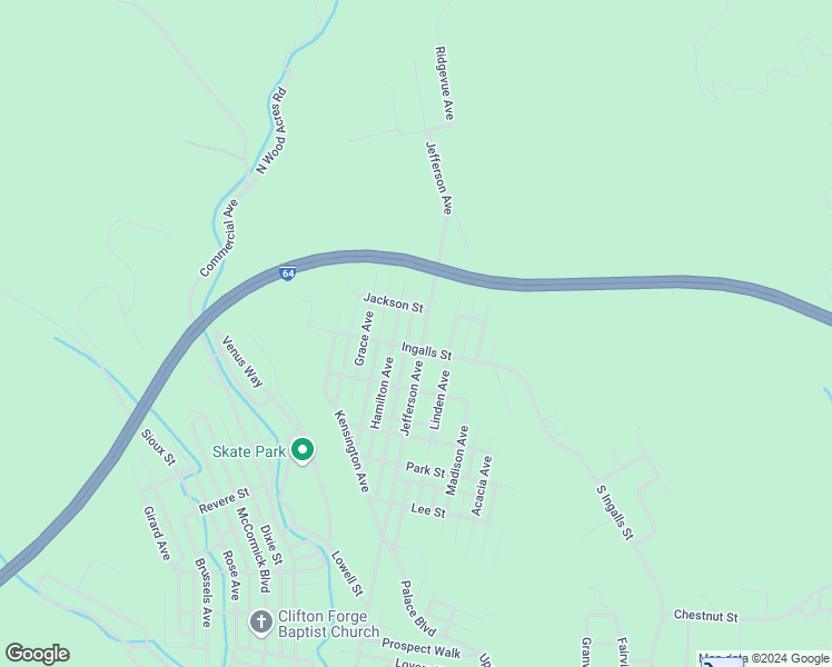 map of restaurants, bars, coffee shops, grocery stores, and more near 1301-1399 Jefferson Avenue in Clifton Forge