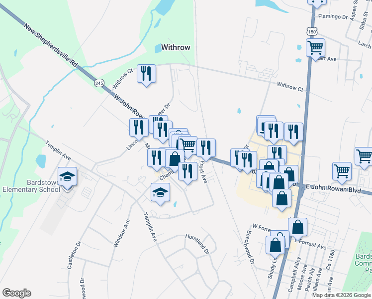 map of restaurants, bars, coffee shops, grocery stores, and more near 211 W John Rowan Blvd in Bardstown