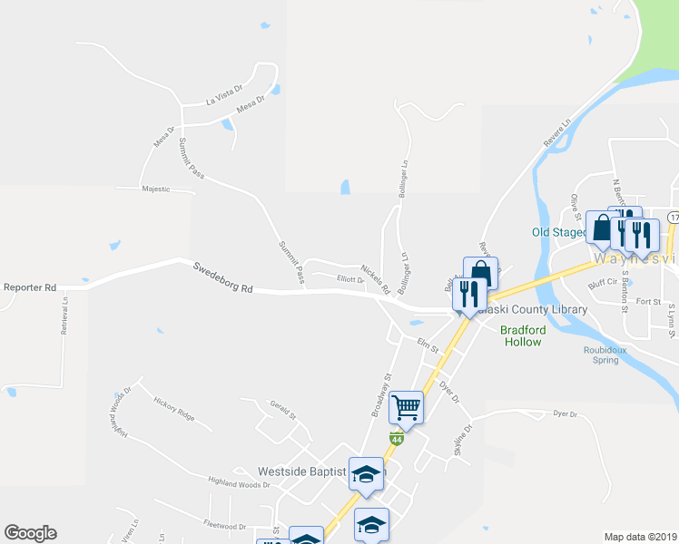 map of restaurants, bars, coffee shops, grocery stores, and more near 112 Elliott Drive in Waynesville
