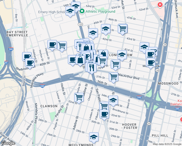 map of restaurants, bars, coffee shops, grocery stores, and more near in Emeryville